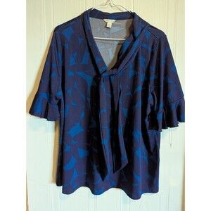 Cato Abstract V-Neck Bow Blouse Women's Plus 14/16W Blue Navy Flutter Sleeve